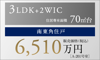 3LDK+2WIC 70㎡台 ［南東角住戸］ 販売価格（税込） 6,510万円